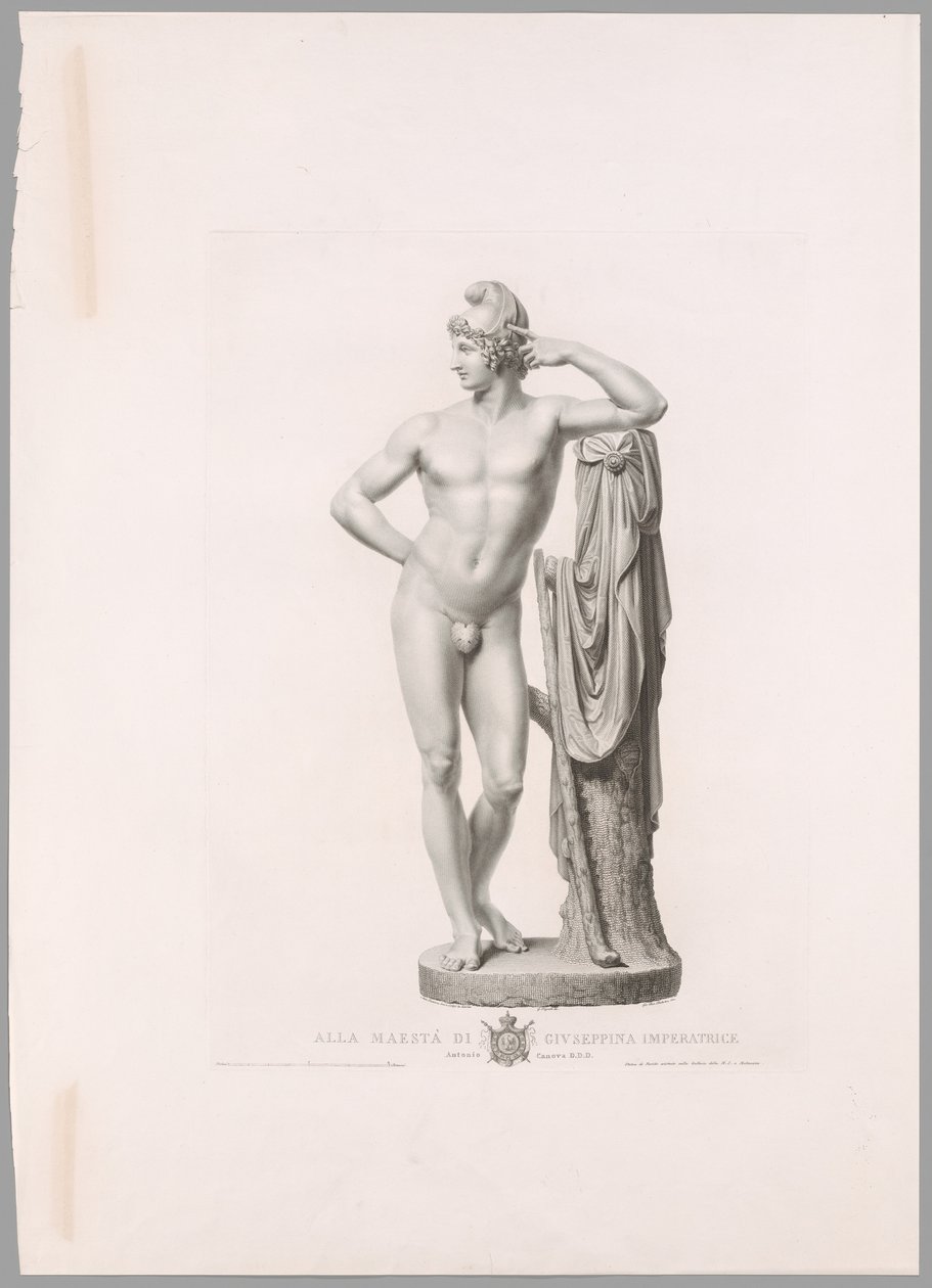 Paris læner sig op ad en træstub, set forfra, fra Oeuvre de Canova af Antonio Canova