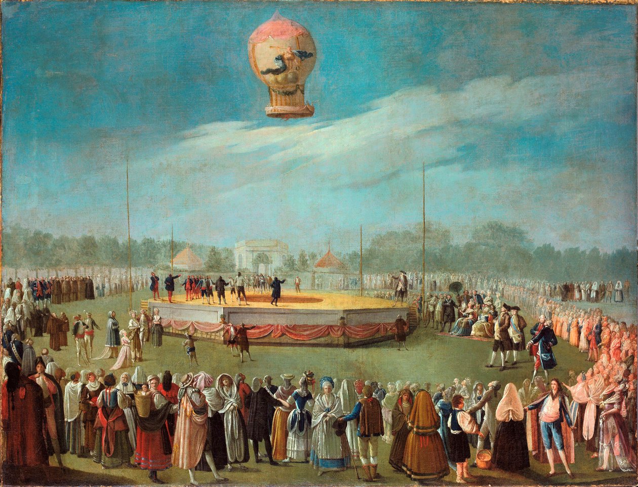 Ascent of a Balloon in the Presence of the Court of Charles IV - Maleri af Antonio Carnicero Mancio (1748-1814), olie på lærred af Antonio Carnicero
