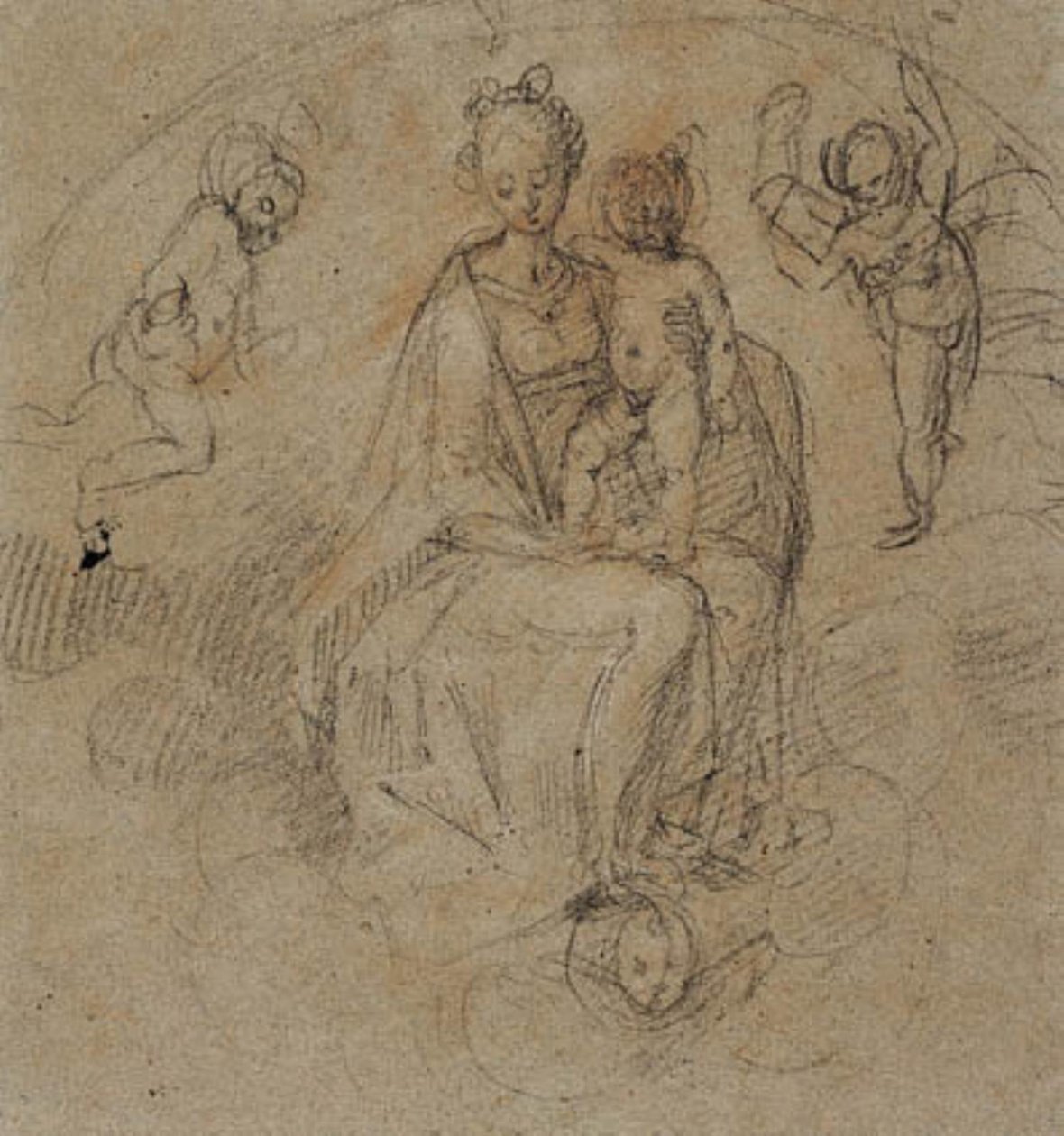 Madonna og Child i skyerne flankeret af to putti af Antonio Cimatori