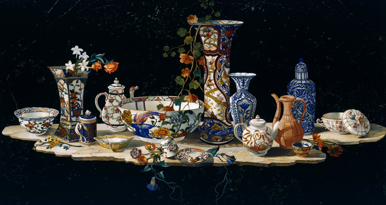Bordplade med porcelænsvaser, ca 1797, halvædelstensmosaik på marmor, skabt i storhertugelige værksteder i Firenze efter model af Antonio Cioci (aktiv i anden halvdel af 1700-tallet), Italien, italiensk kultur af Antonio Cioci or Ciocchi