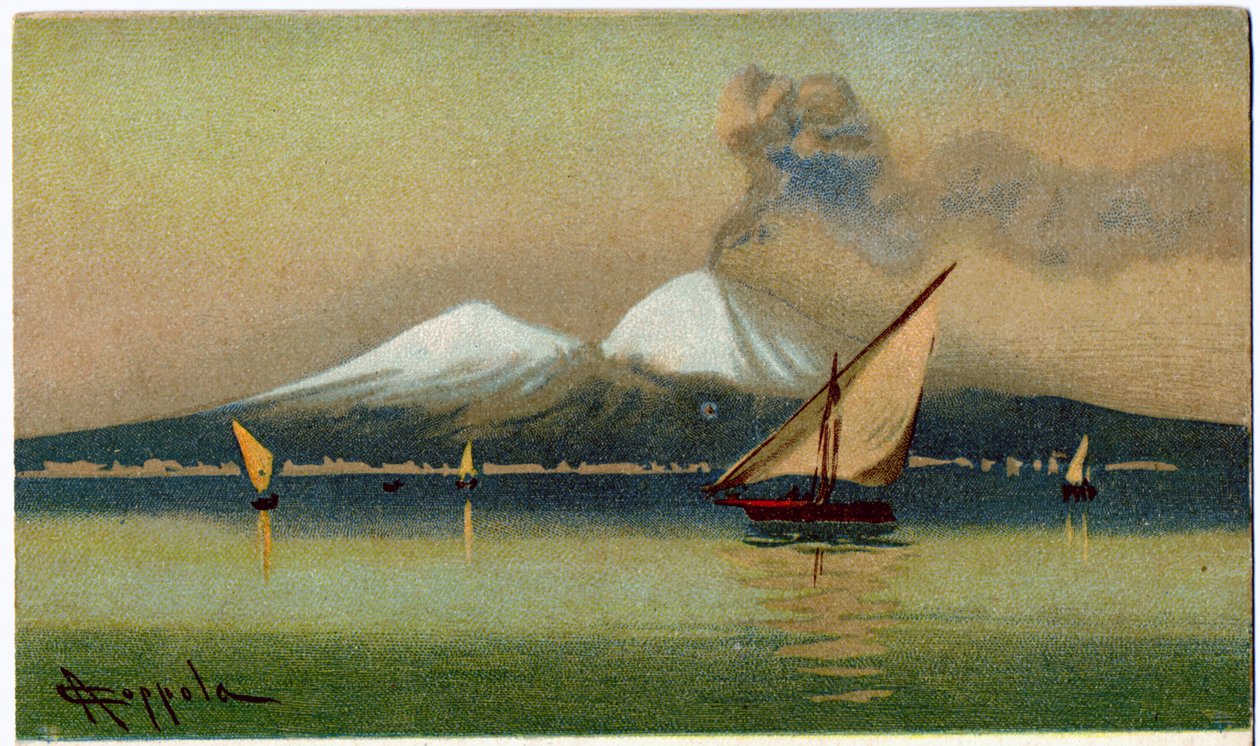 Geografi. Vulkanen Vesuv og Napoli-bugten. Illustration af A. Coppola, Italien, ca. 1920 (postkort) af Antonio Coppola