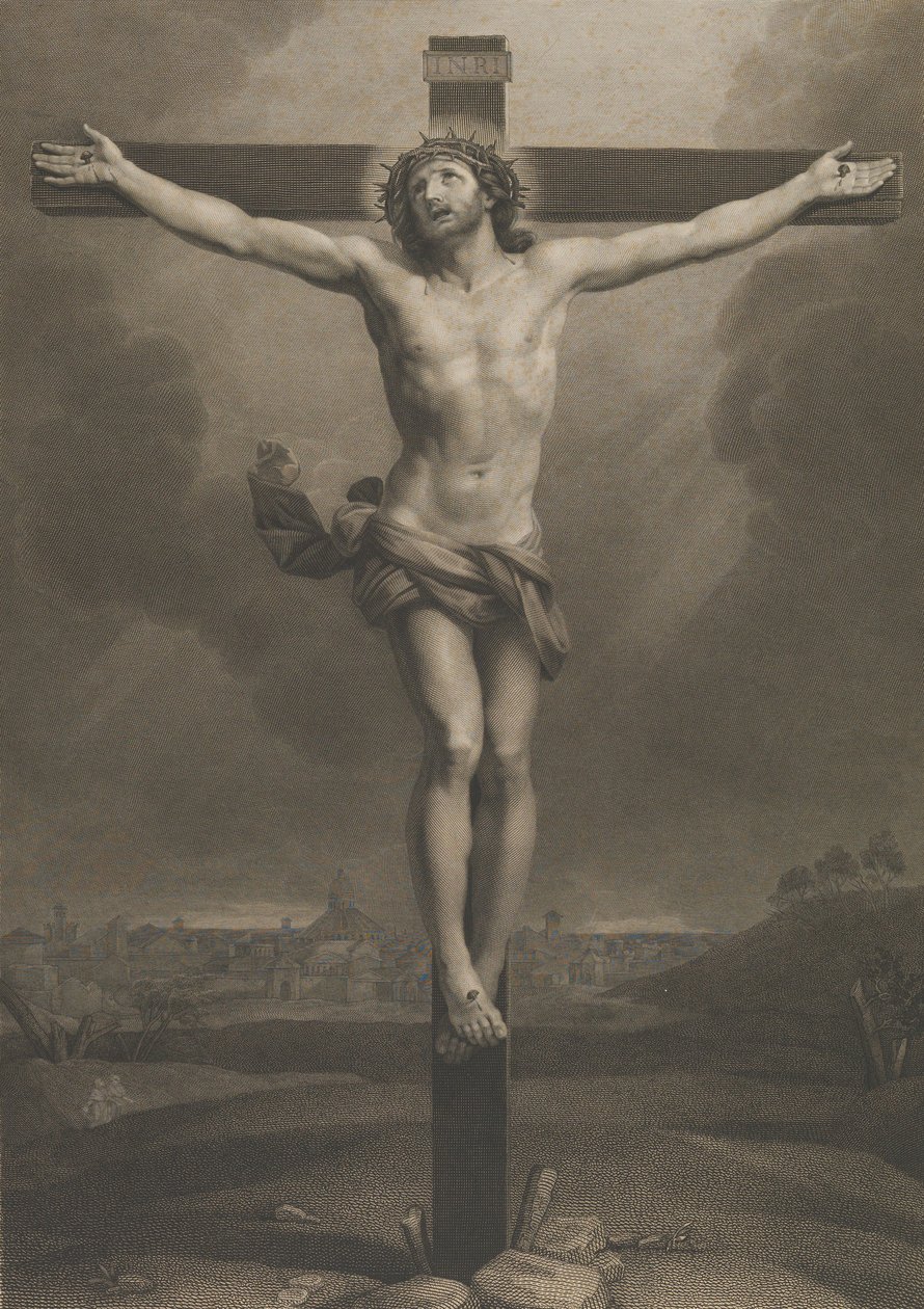 Kristus på korset, en by i baggrunden, efter Reni, 1850-88. af Antonio Dalco