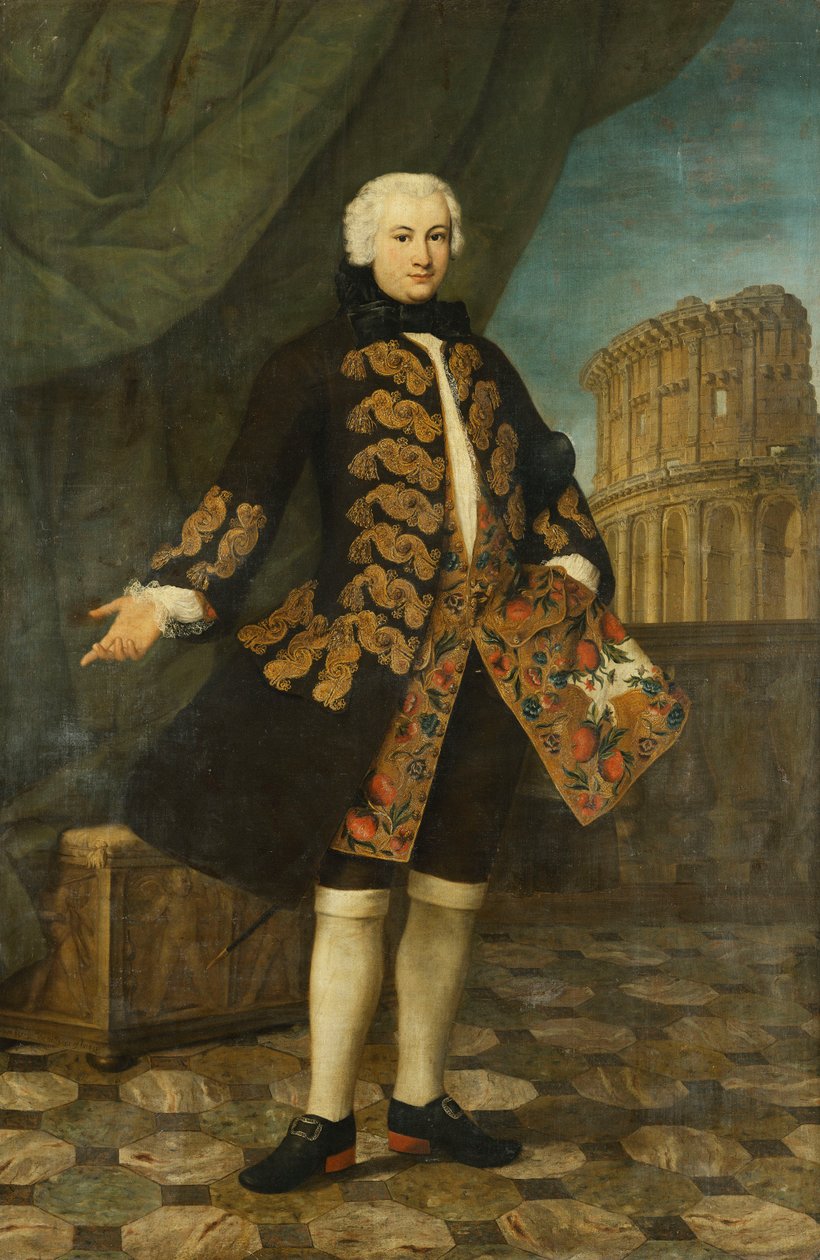 Portræt af William Perry, 21 år, stående, i fuld længde, i en guldbroderet brun frakke, ved en balustrade, med Colosseum bagved, af Antonio David