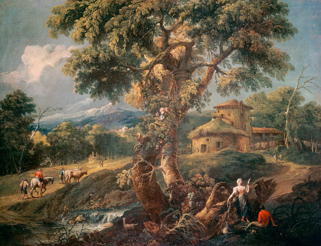 Bjerglandskab med mennesker og en flod, af Antonio Diziani (1738-1797), olie på lærred, 55x72 cm af Antonio Diziani