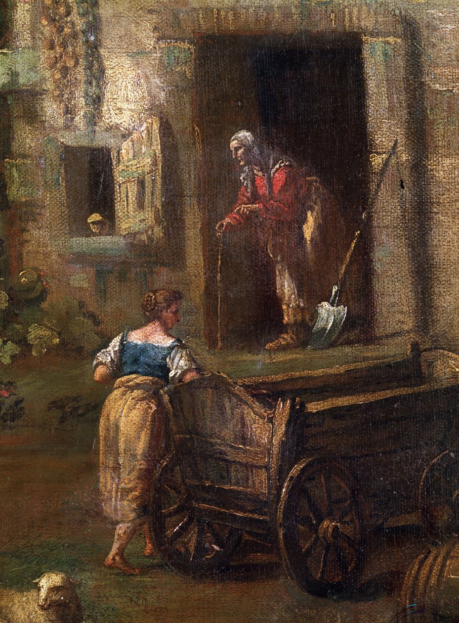 ""Landskab i Italien"" (italiensk landskab) En bondegård i det italienske landskab, detalje forestillende en gammel bondekone. Maleri af Antonio Diziani (1737-1797) Mikalojus Konstantinas Ciurlionis Fine Arts Museum fra det 18. århundrede, Kaunas, Litauen af Antonio Diziani