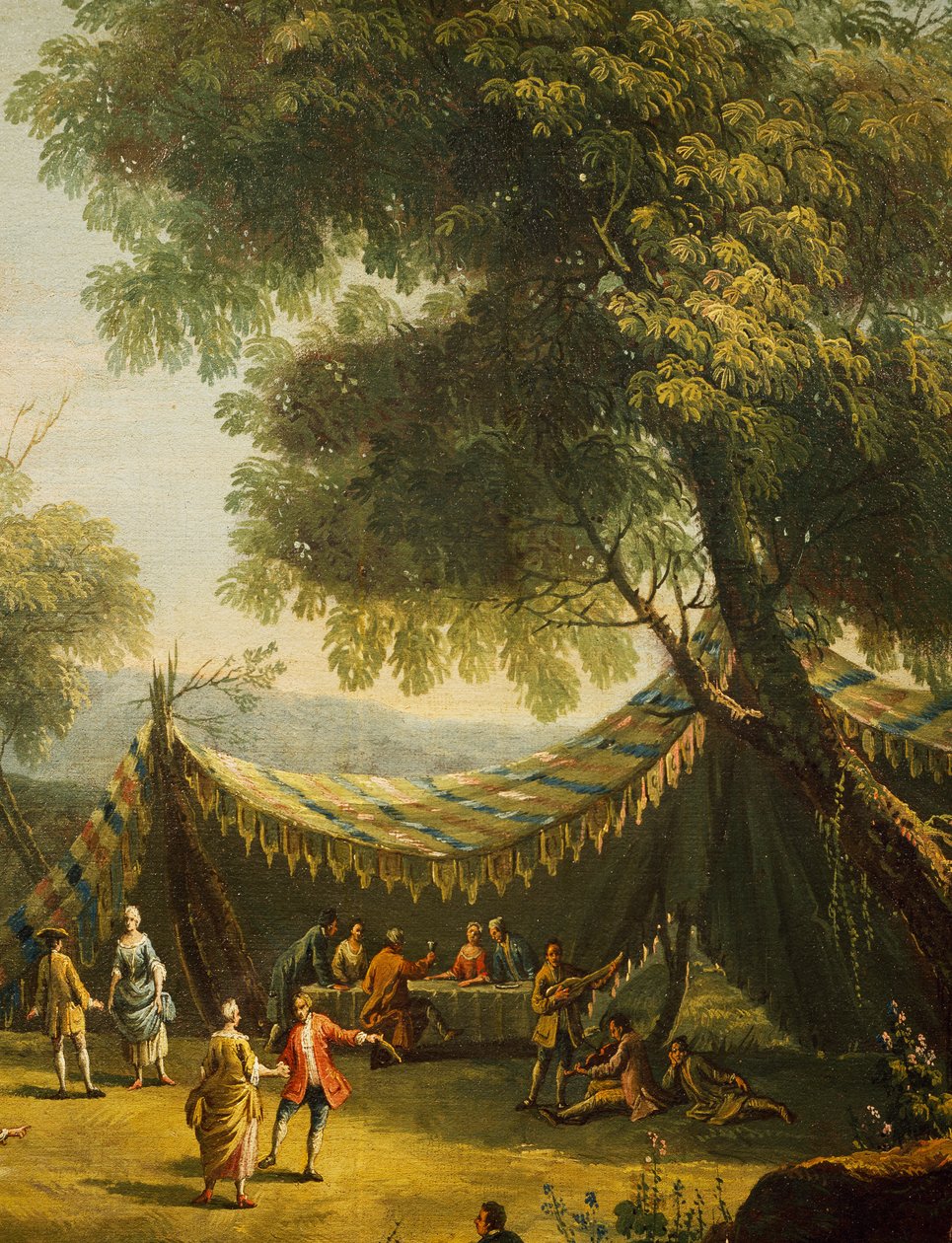 Telt på landet med levende musik, detaljer fra Spring, af Antonio Diziani (1737-1797), olie på lærred, 74x92 cm, Italien af Antonio Diziani