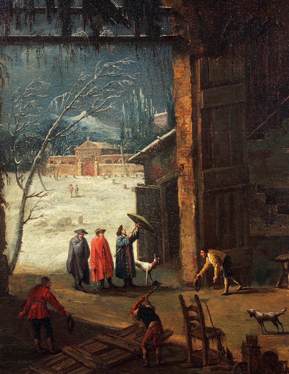Vinteren, ankomsten af en adelsmand til villaen, af Antonio Diziani (1737-1797), maleri. Detalje. af Antonio Diziani