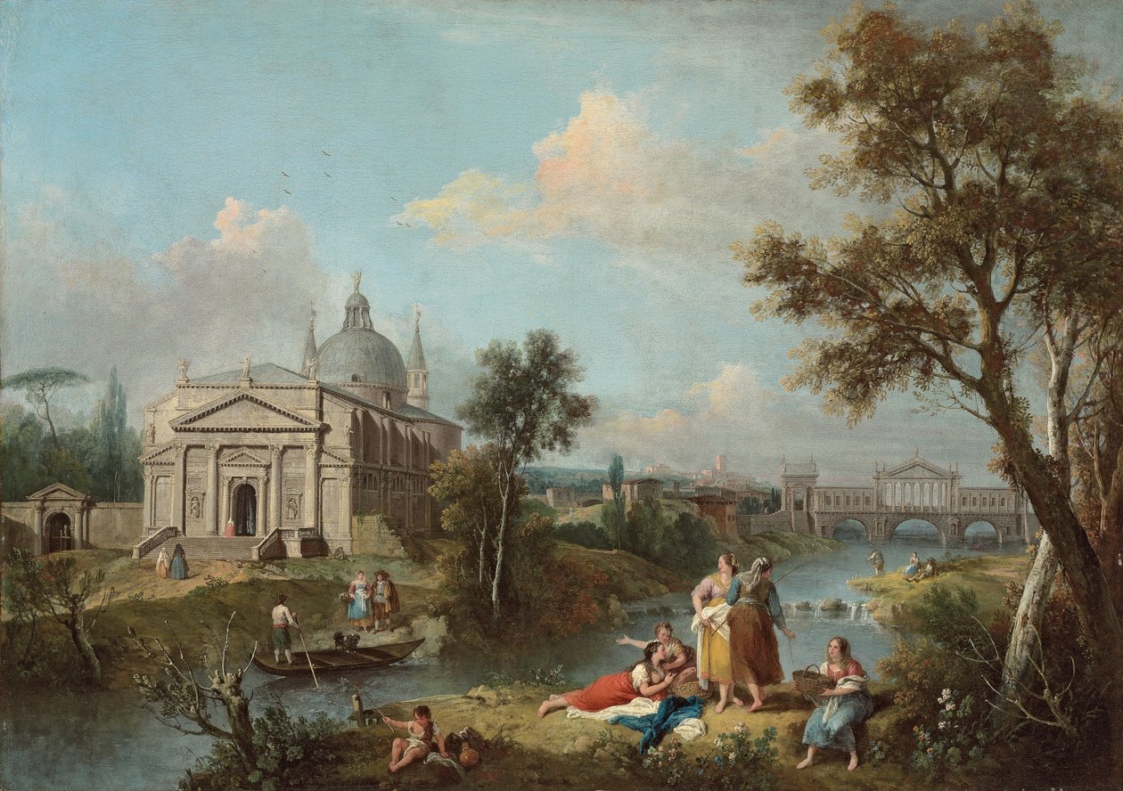 Italiensk flodlandskab (olie på lærred) af Antonio & F. Zuccarelli (1702 88) Visentini