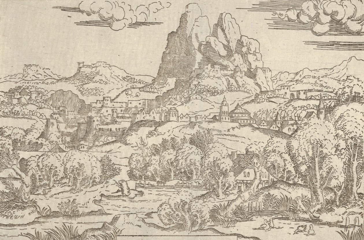 Landskab fra Venus Pushing Cupid stel, 1540-45. af Antonio Fantuzzi