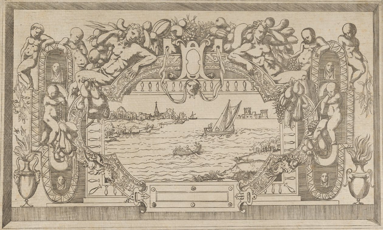 Landskab med dekorativ ramme, ca. 1543. af Antonio Fantuzzi