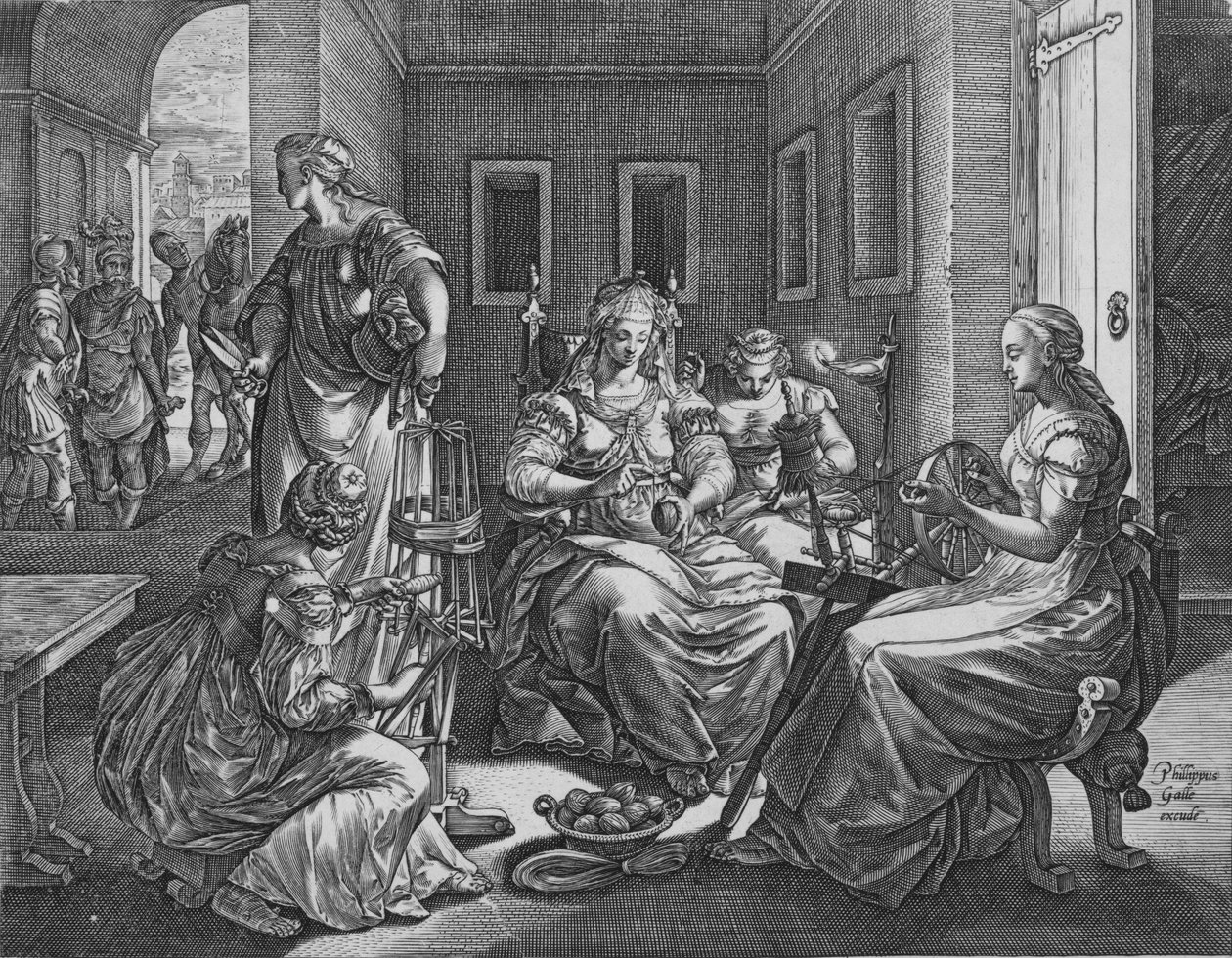 Lucretia og hendes tjenerinder spinding, 1537-45. af Antonio Fantuzzi