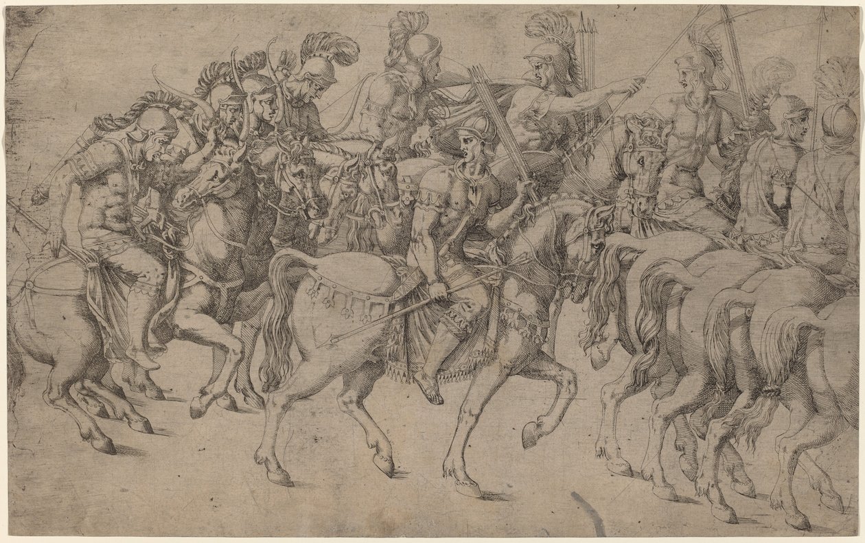 Ryttere, der bærer buer og spyd af Antonio Fantuzzi after Giulio Romano