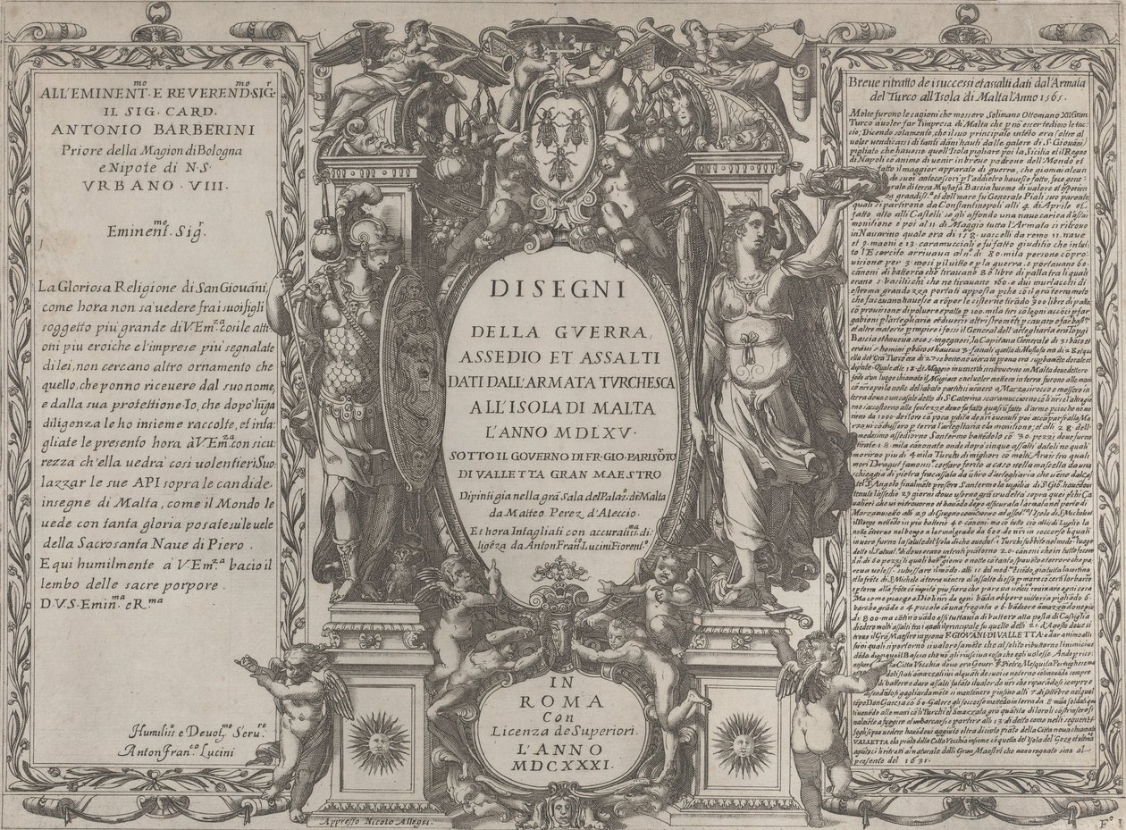 Frontispice for tegninger af krigen, belejringen og angrebet af den tyrkiske hær på øen, 1631. af Antonio Francesco Lucini