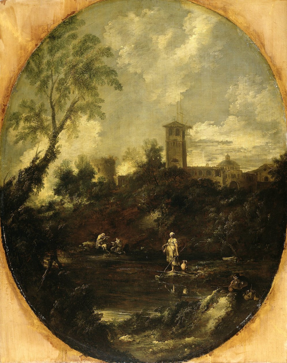 Landskab med munke, pilgrim og bondekone af Antonio Francesco Peruzzini (attributed to)