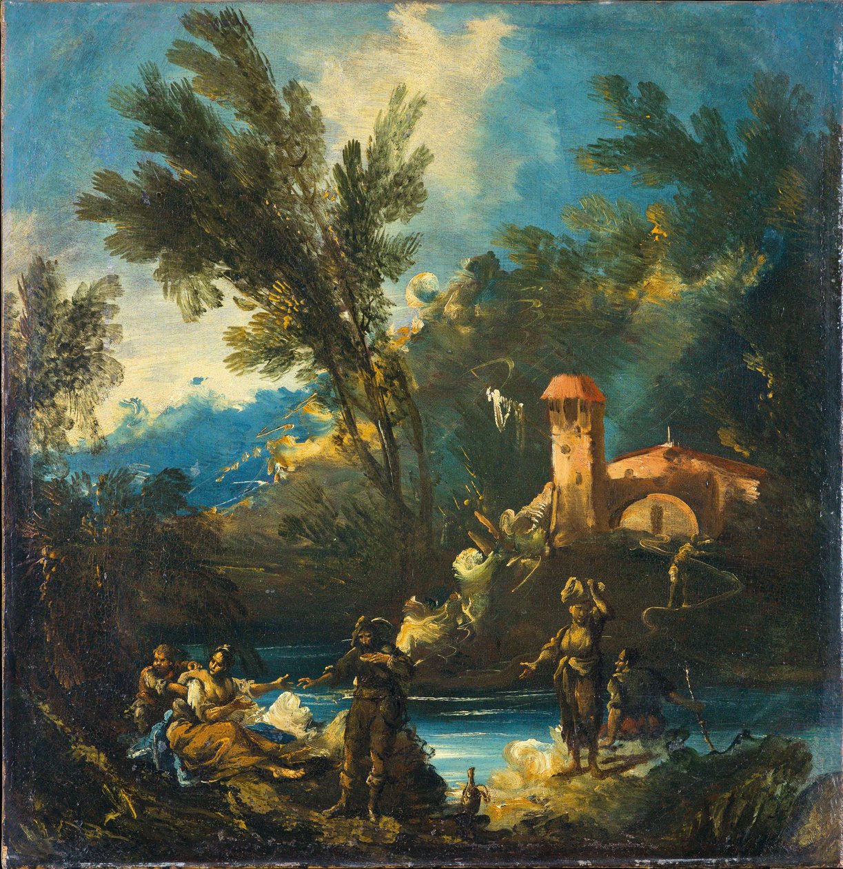 Et skovklædt flodlandskab med figurer af Antonio Francesco Peruzzini