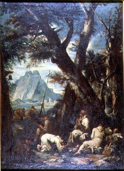 Landskab med eremitter, ca. 1700-10 (olie på lærred) af Antonio Francesco Peruzzini