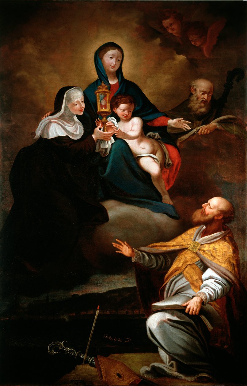 Jomfru med barn, med den hellige Erasmus af Formia, den hellige Augustin af Hippo og den hellige Clara (olie på lærred af Antonio Giolfi