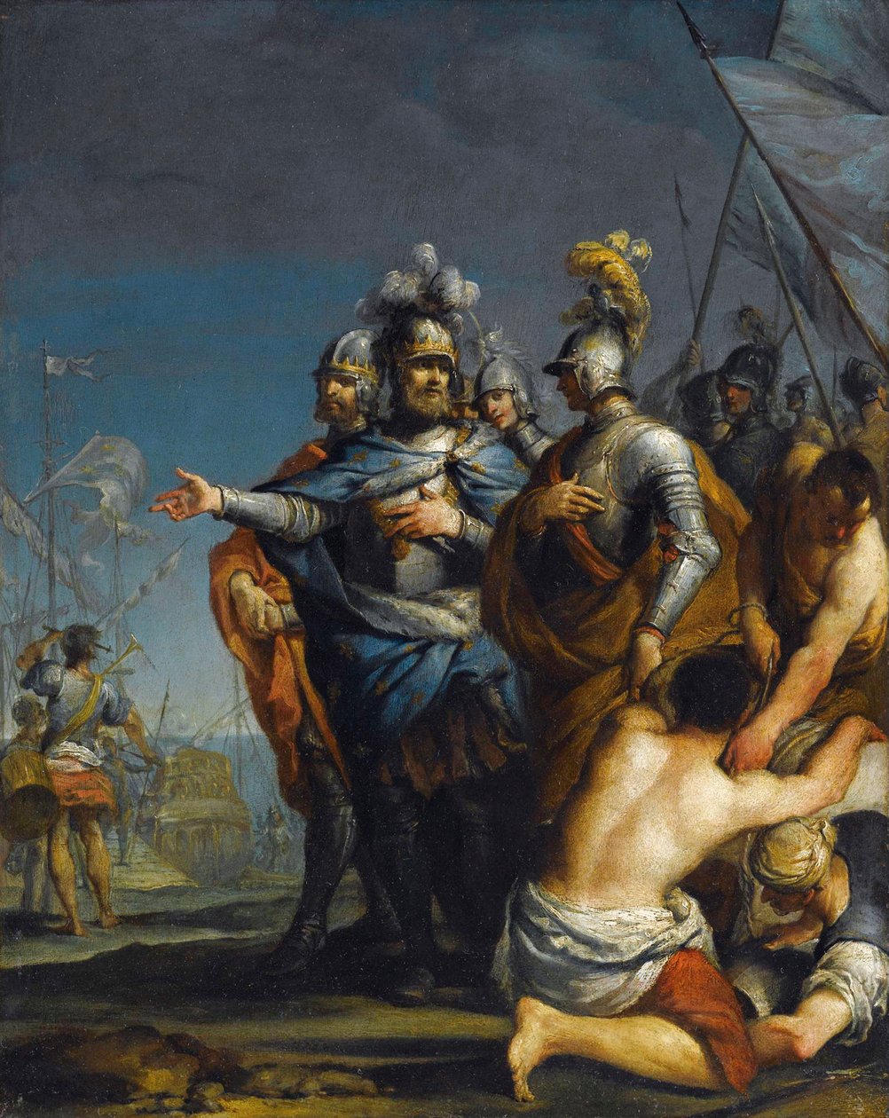 Saint Louis Departing For The Crusade af Antonio Gionima (1697-1732) - Olie på kobber, 45x35,8 - Privat samling af Antonio Gionima