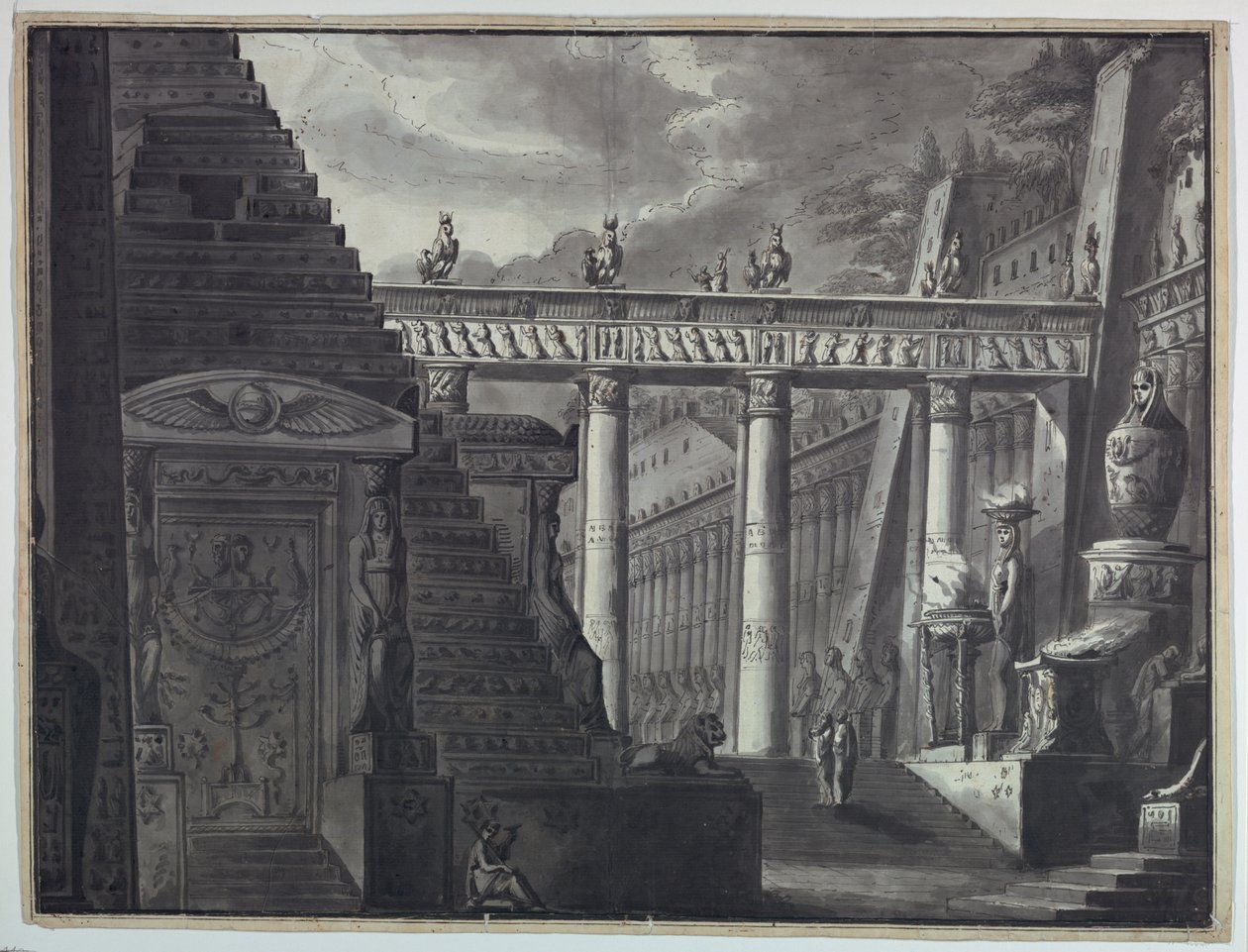 Scenedesign, gårdhave til et egyptisk tempel af Antonio Giuseppe Basoli