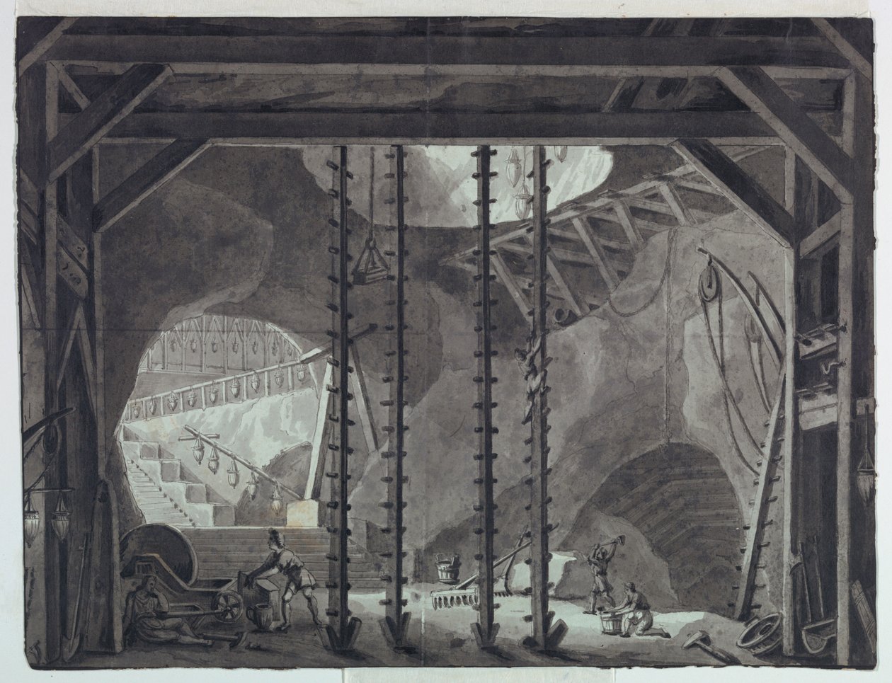 Scenedesign, mænd, der bygger bygning i hule af Antonio Giuseppe Basoli