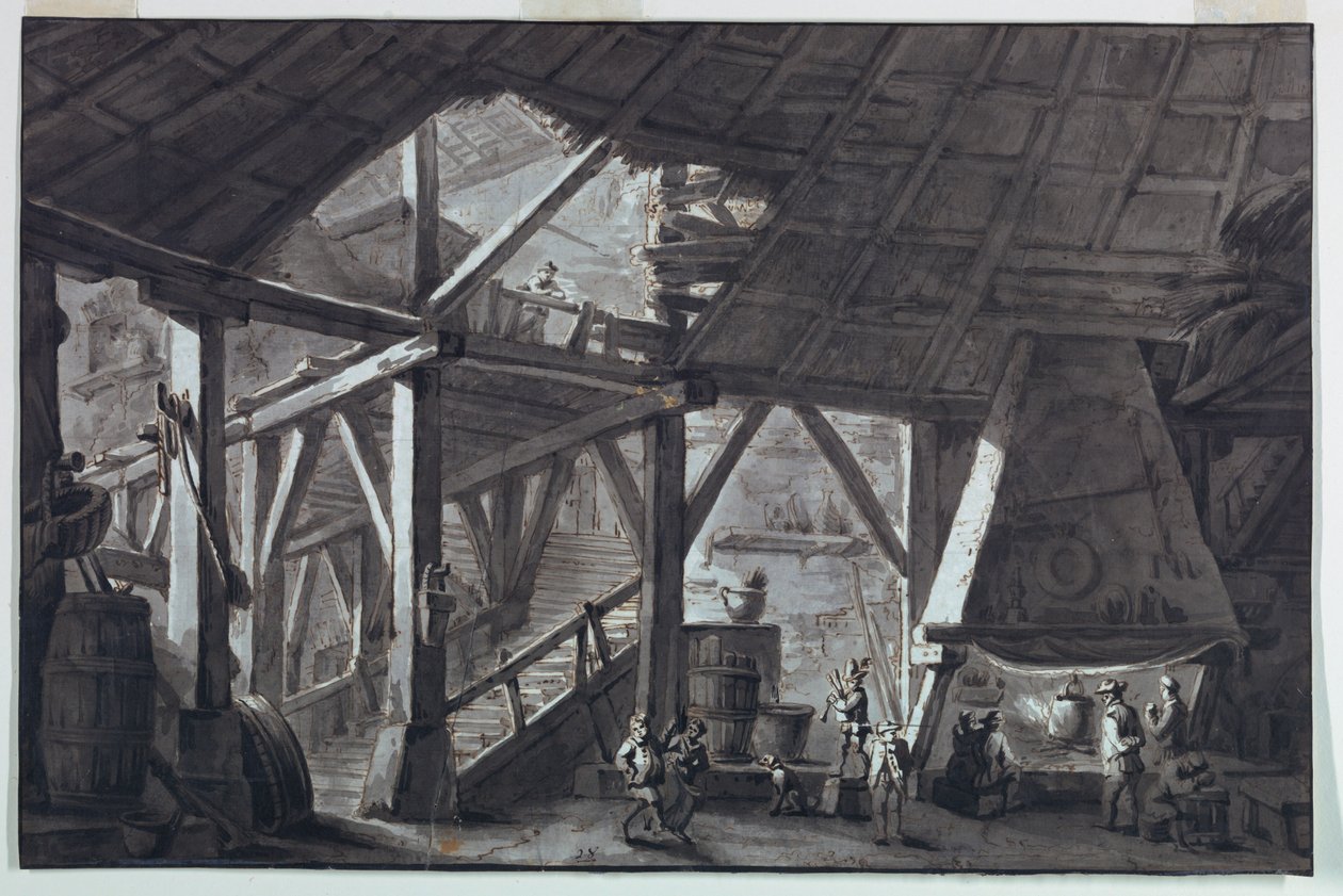 Scenedesign, ruineret landbrugsbygning interiør af Antonio Giuseppe Basoli