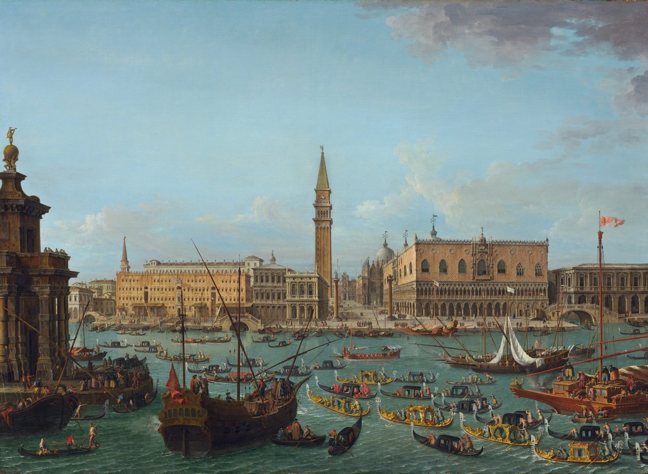 Procession af gondoler i Bacino di San Marco, Venedig af Antonio Joli