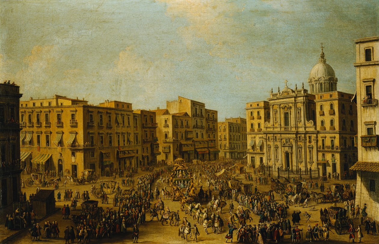 Largo San Ferdinando, Napoli, ved karnevalstid med den kongelige vogn, der nærmer sig Palazzo Reale, af Antonio Joli