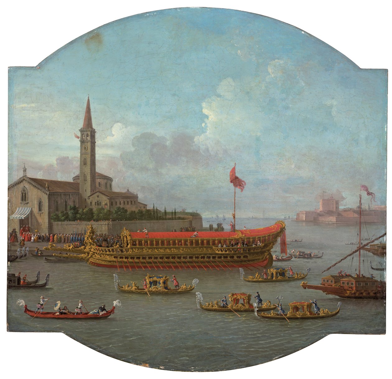 Udsigt over Bucintoro foran San Nicolo al Lido, Venedig, til ceremonien for Sposalizio del Mare af Antonio Joli