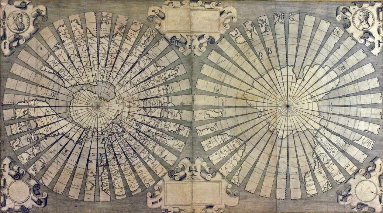 Verdenskort med kerner i to halvkugler af Antonio & Kremer Gerard & Cimerlini Giovanni Paolo (16th century) Florianus