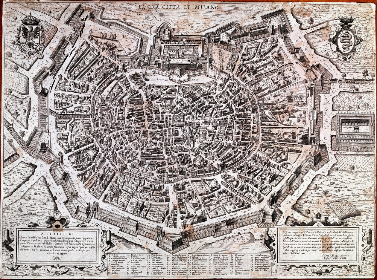 Bykort over Milano redigeret af Antonio Lafreri (Lafrery eller Lanfrerius) (1512-1577) i 1573. Dette er det ældste kort i byen. Milano, Milano Museum - Kort over Milano. Det ældste kort over byen i 1573, redigeret af Antonio Lafreri. Italien, Milanos museu af Antonio Lafreri