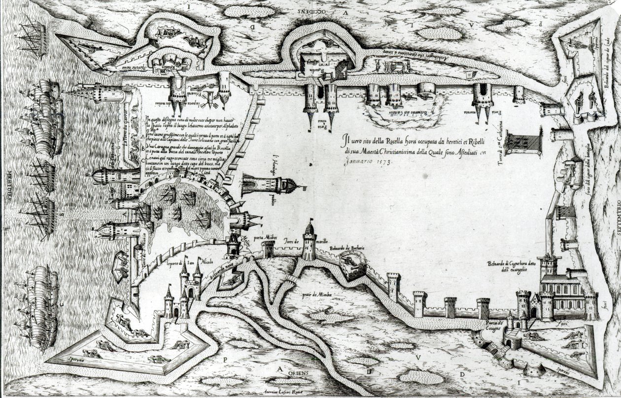 Kort, der illustrerer La Rochelle besat af huguenotterne af Antonio Lafreri