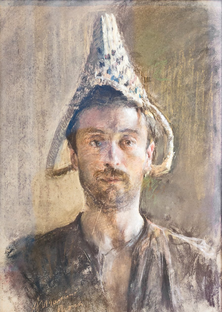 Selvportræt med kurv af Antonio Mancini