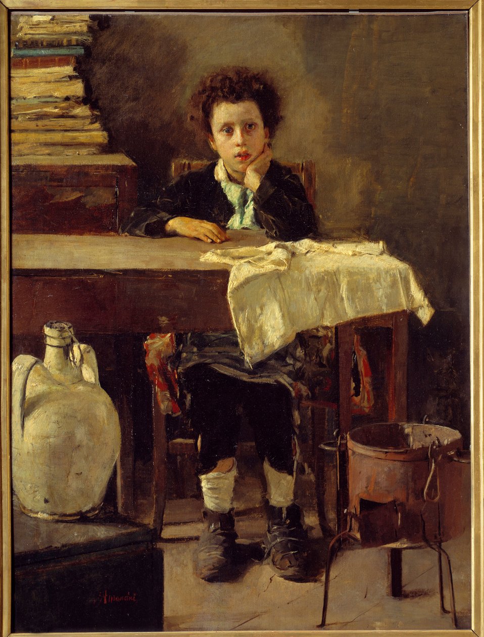 Den lille skoledreng eller fattige skoledreng Maleri af Antonio Mancini (1852-1930) 1800-tallets søn. 1,3x0,97 m Paris, Musee d
