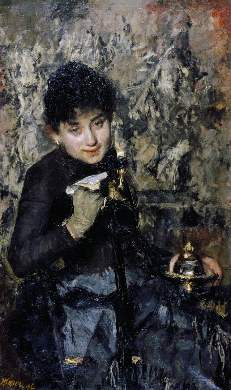 Kvinde med blækhus, ca 1875, af Antonio Mancini (1852-1930), olie på lærred af Antonio Mancini