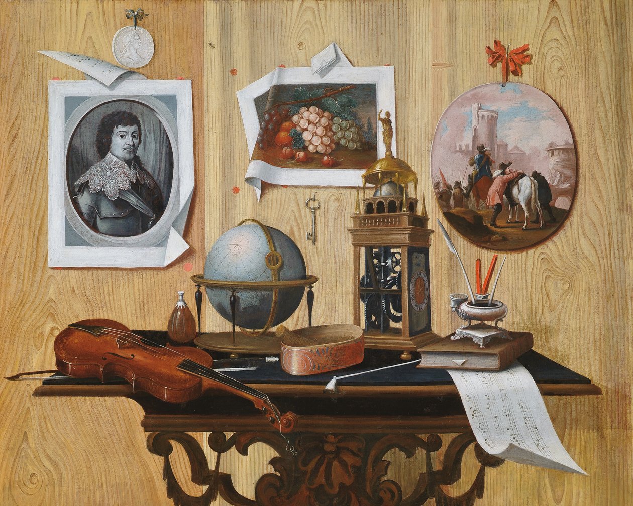 Trompe l"oeil af et tryk og to malerier, en nøgle, en violin, en globus, et ur, et nodeark og andre genstande på et bord af Antonio Mara