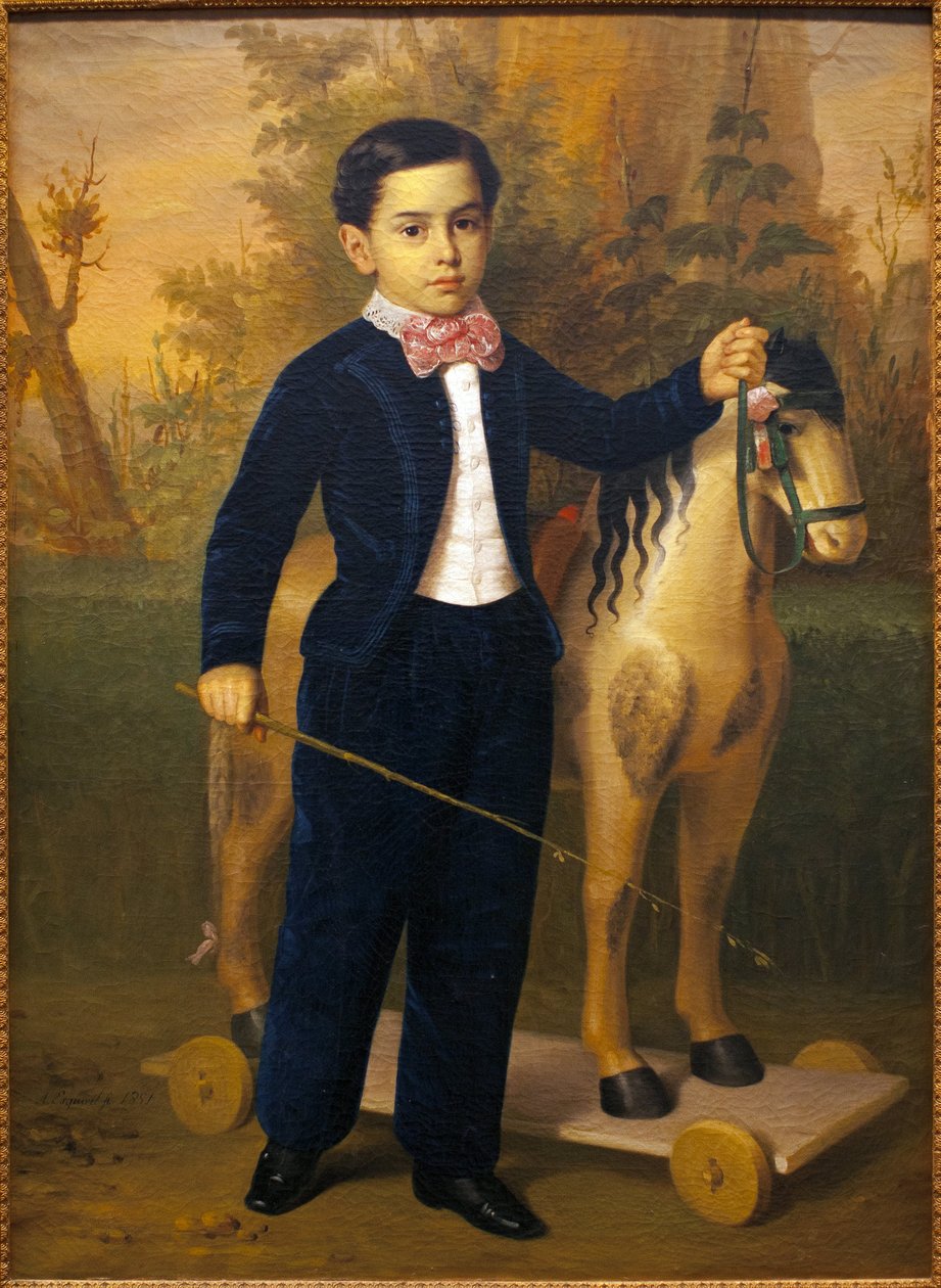 Portræt af en lille dreng med en træhest. Maleri af Antonio Maria Esquivel (1806-1857), Olie på lærred, ves 1851. Museum of Fine Arts i Sevilla, Spanien. af Antonio María Esquivel y Suárez de Urbina