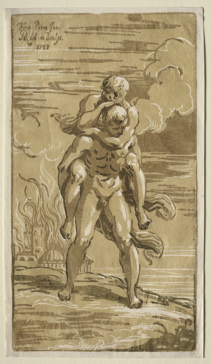 Eneas bærer Anchises, sin far, fra afbrændingen af Troja af Antonio Maria I Zanetti
