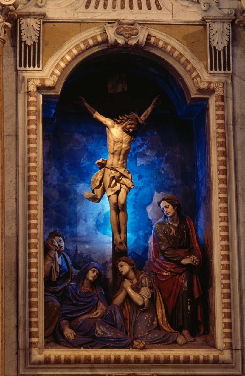 Korsfæstelse, af Anton Maria Maragliano (1664-1739), Krucifiks kapel, Vor Frue af Acquasantas helligdom, Acquasanta, Genova, Ligurien, Italien af Antonio Maria Maragliano