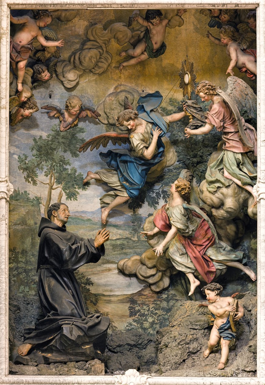 San Pasquale Baylon i tilbedelse (fresko på udskåret træ) af Antonio Maria Maragliano