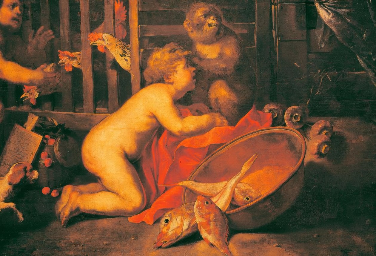 Putti, abe og skål med fisk af Antonio Maria Vassallo