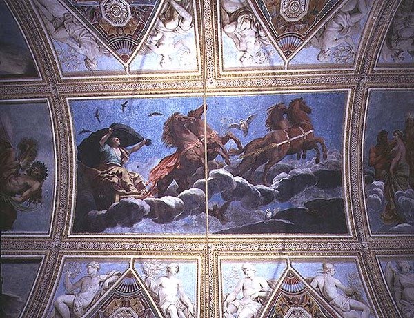 Nattens personifikation ridende over himlen i en stridsvogn, loftsmaleri af Antonio Maria Viani