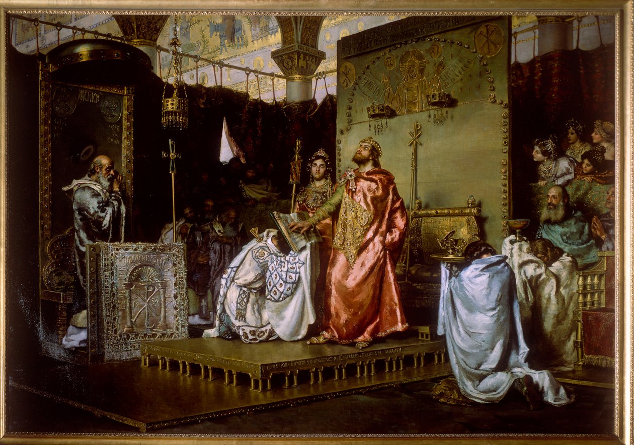 Tredje råd i Toledo (589) - konvertering af Recarede I (559-601) til katolicisme - Konvertering af reccare til katolicisme ved koncilet III i Toledo, 589 - Maleri af Munoz Degrain, Antonio (1840-1924) af Antonio Munoz Degrain