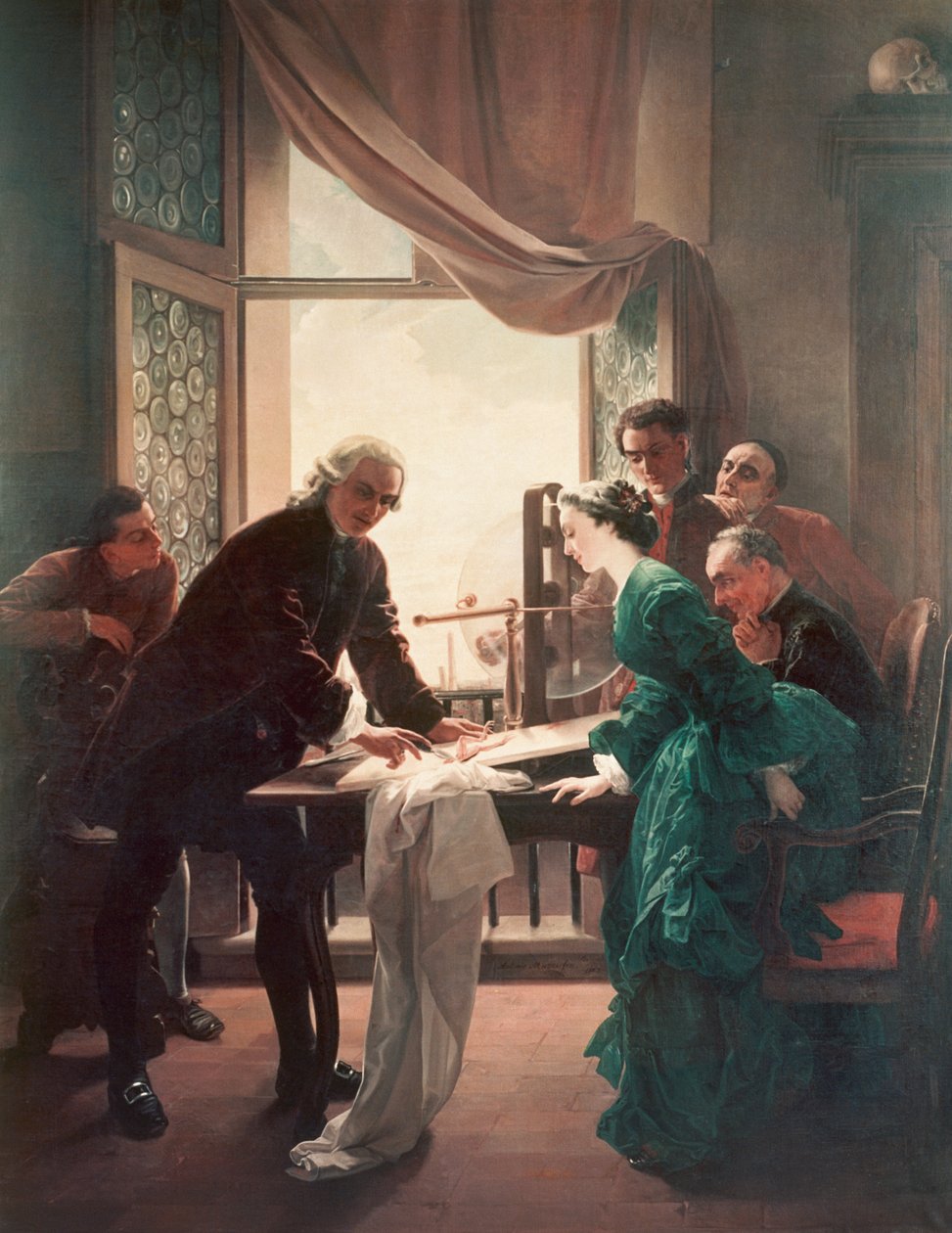 Luigi Galvani (1737-1798) lavede eksperimenter på frøer, assisteret af sin kone Lucia Galeazzi af Antonio Muzzi