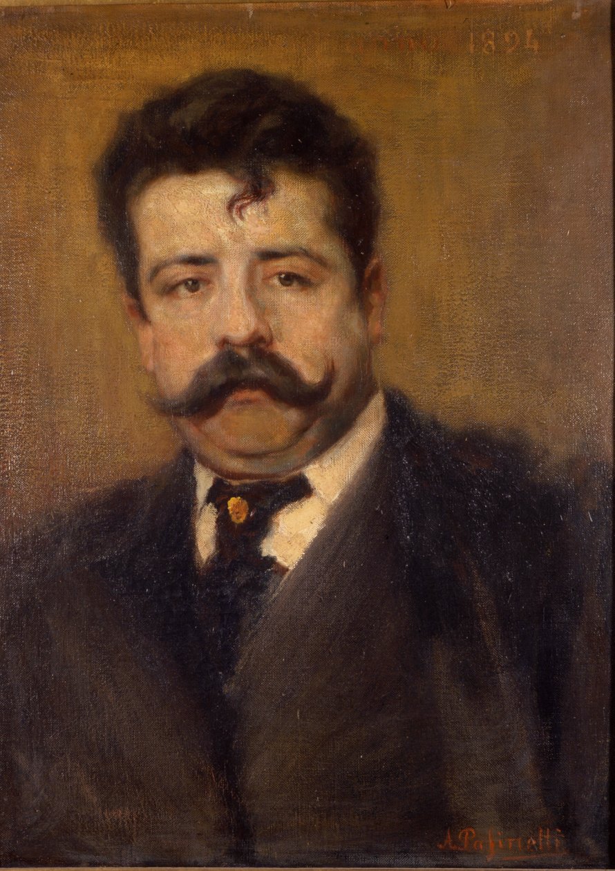 Portræt af Ruggero Leoncavallo. Italiensk komponist (1858 til 1919) Maleri af Antonio Pasinetti (1863-1940). af 1894. Museo della Scala i Milano. af Antonio Pasinetti