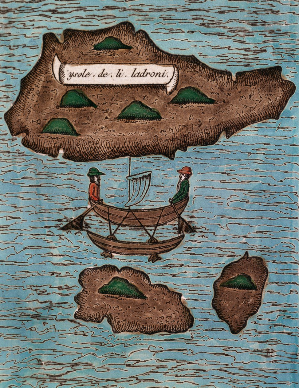 Islas de los Ladrones (i dag Mariana-øerne), farvet træsnit fra Rapport om den første rejse rundt i verden med Ferdinand Magellan af Antonio Pigafetta