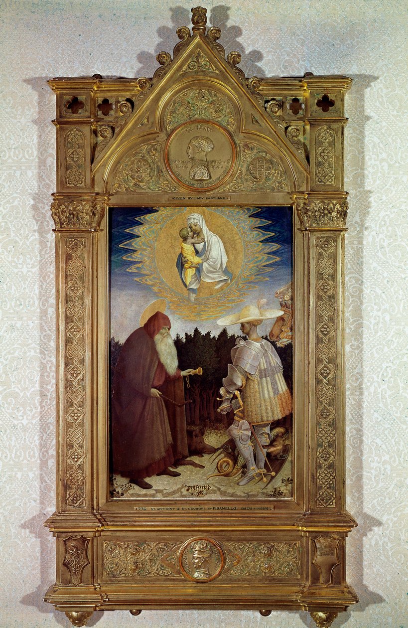 Jomfruens åbenbaring for den hellige Antonius Abbe (den hellige Antonius den Store (250/251-356) (eller den hellige eneboer Antonius) og den hellige Georg. Maleri af Antonio di Puccio Pisano dit Pisanello (1395-1455) af Antonio Pisanello