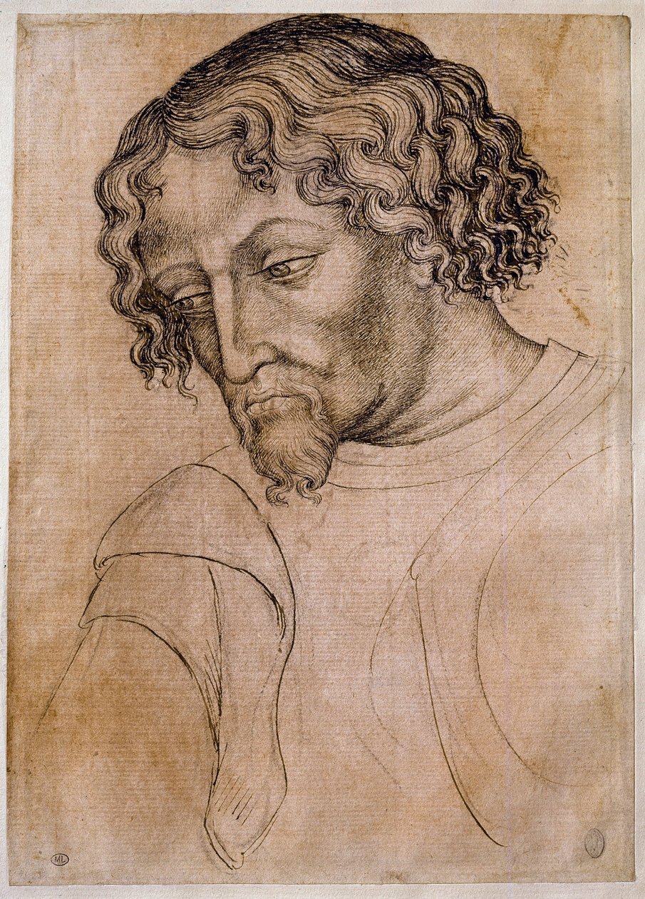 Buste af skægget mand, trekvart hoved lænet til venstre. Tegning af værkstedet Antonio di Puccio Pisano dit Pisanello (1395-1455). Fjer (tegning), blod. Mål: 28x20 cm. Louvre, tegnefirma af Antonio Pisanello