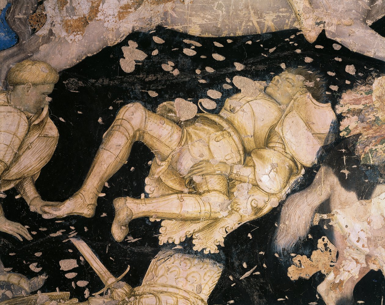 Ridderisk emne, detaljer fra Tournament-Battle of Louvezerp, af Antonio Pisanello (1395-1455), fresco. Palazzo Ducale i Mantua. af Antonio Pisanello
