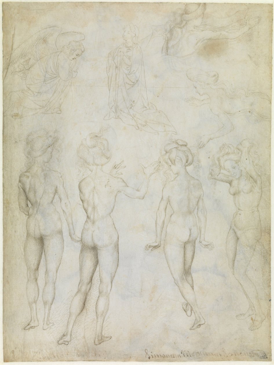Fire undersøgelser af en kvindelig nøgen, en bebudelse og to undersøgelser af en kvinde, der svømmer, ca. 1425 af Antonio Pisanello