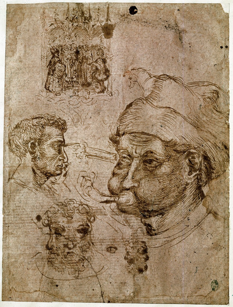Fire mænds hoveder, hvoraf to har tre ansigter. En altertavle. En hest. Tegninger fra Antonio di Puccio Pisano dit Pisanellos værksted (1395-1455). Brunt blæk, pen (tegning), blod. Mål: 27,1 x 20,5 cm. Louvre, Cabinet des medailles. af Antonio Pisanello